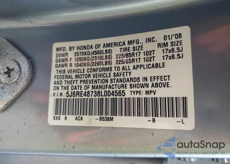 2008 Honda Cr-V Exl from USA, damaged, VIN 5J6RE48738L004565